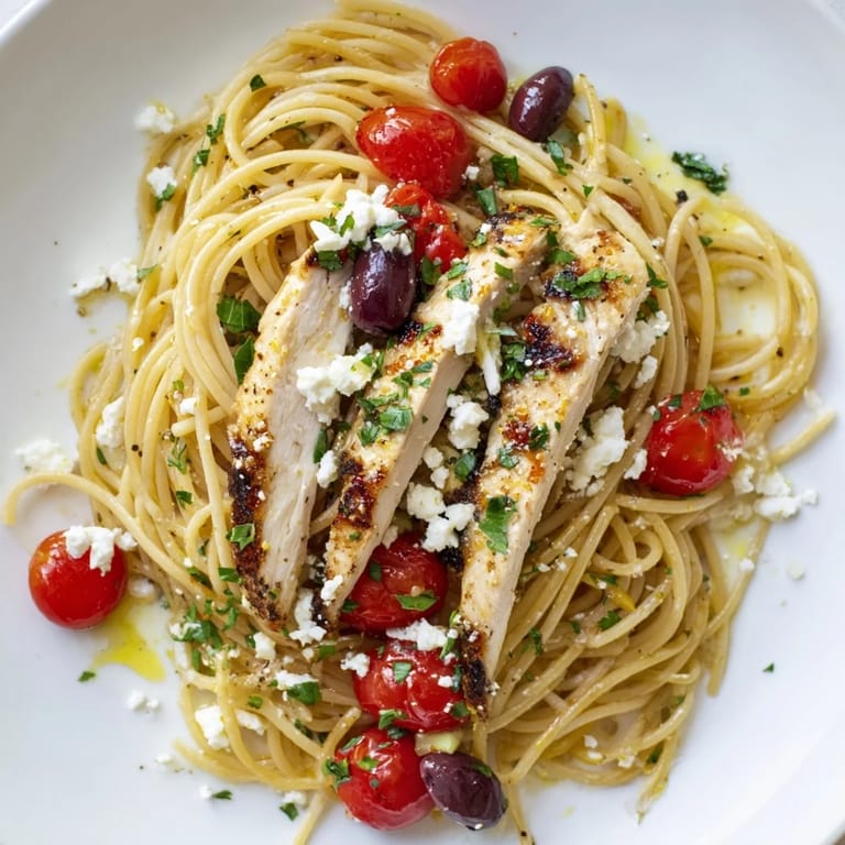 Savory Greek Chicken Spaghetti served warm, featuring juicy grilled chicken and Mediterranean vegetables for a weeknight meal.