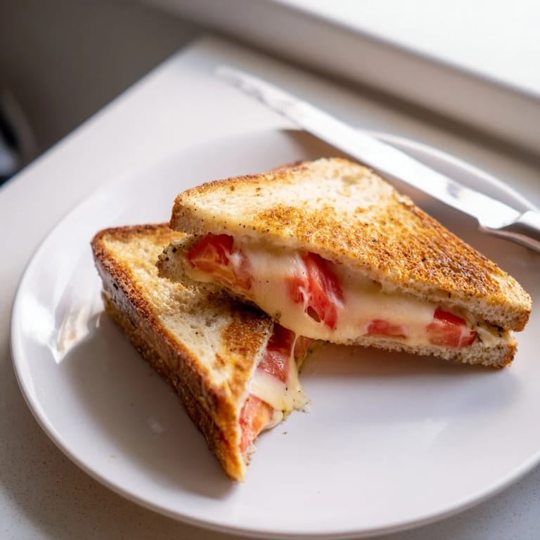 Melted pepper jack cheese and tomato grilled cheese, sliced in half to show its juicy filling.