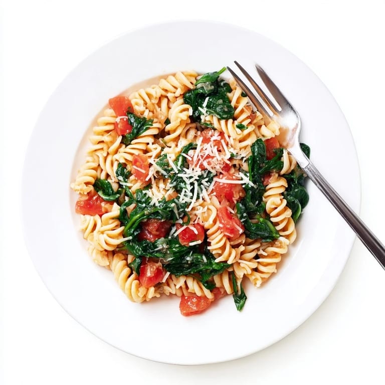 Hearty Tomato Spinach One-Pot Rotini steaming in a rustic pot, showcasing tender rotini coated in savory broth, bright red tomatoes, and fresh green spinach leaves.