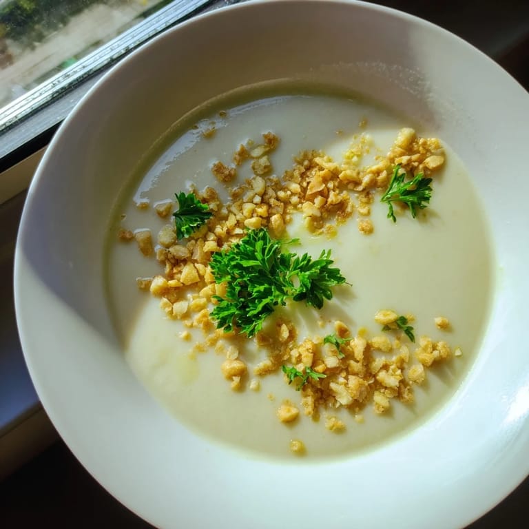 A bowl of velvety celeriac soup topped with golden toasted hazelnut crumble, a vegetarian main dish for chilly fall evenings.