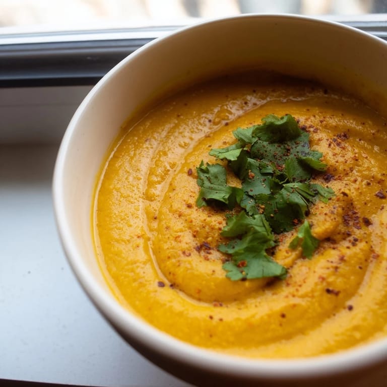 Blended until smooth, this vegan butternut squash and lentil soup has a vibrant orange hue and fragrant spice swirl.