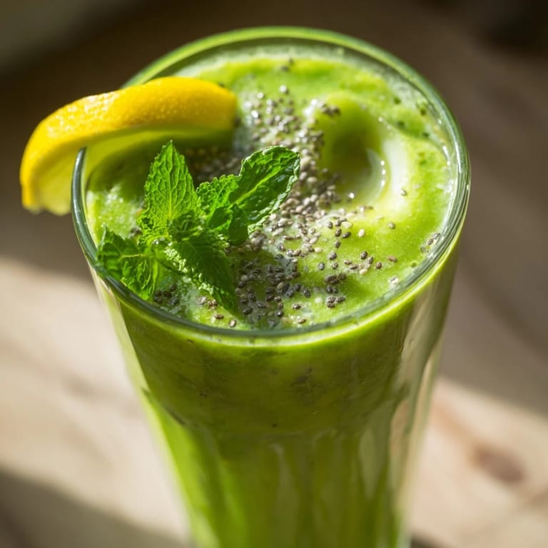 Enjoy a thick, cold Green Detox Smoothie, packed with nutrients and a hint of lemon.