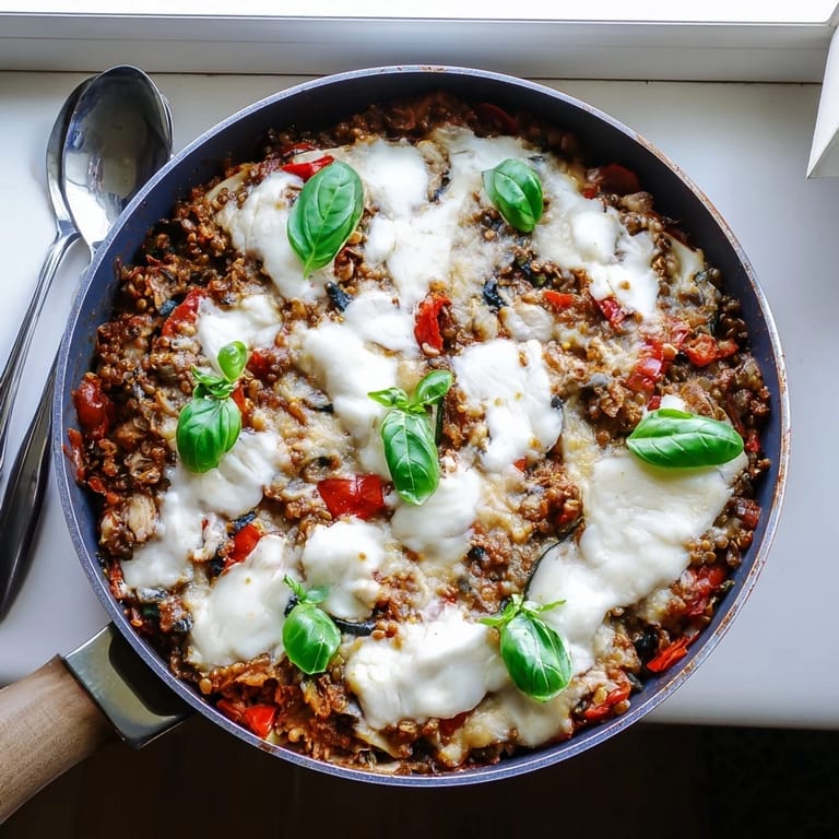 Hearty One-Pan Smoky Veggie Lentil Lasagne served with a crisp green salad and garlic bread.