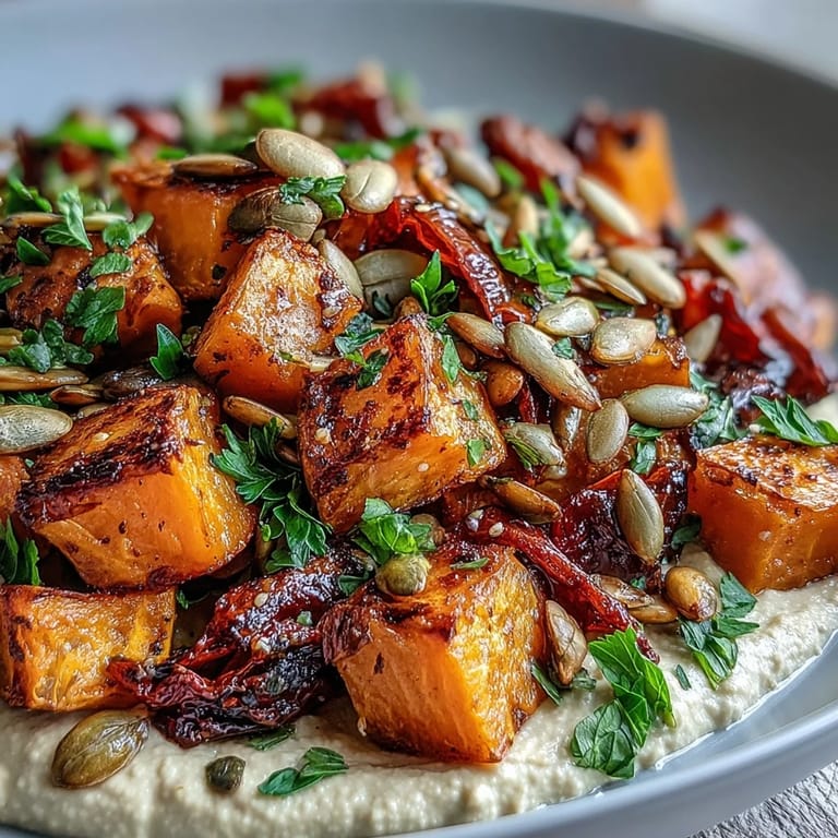 Hearty winter salad features vibrant roasted vegetables on smooth hummus, garnished with crunchy mixed seeds and a dash of smoked paprika.