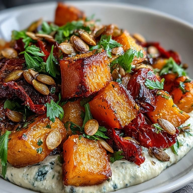 A close-up of the Roast Squash and Hummus Winter Salad shows caramelized vegetables, creamy chickpea spread, and parsley for a fresh finish.