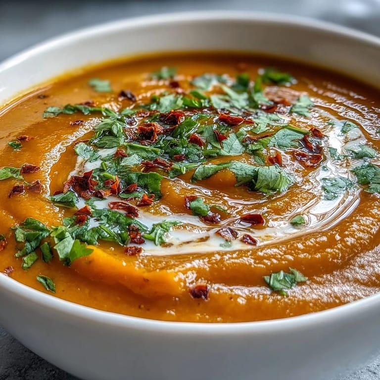 Close-up photo of smooth Carrot, Celeriac, and Chilli Soup showcasing its bright orange hue and specks of red chilli.