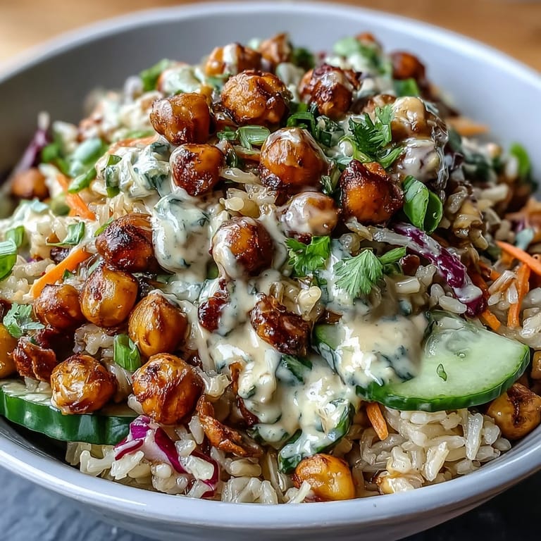 Hearty Peanut Chickpea Rice Bowl bursting with colorful veggies and zesty dressing.