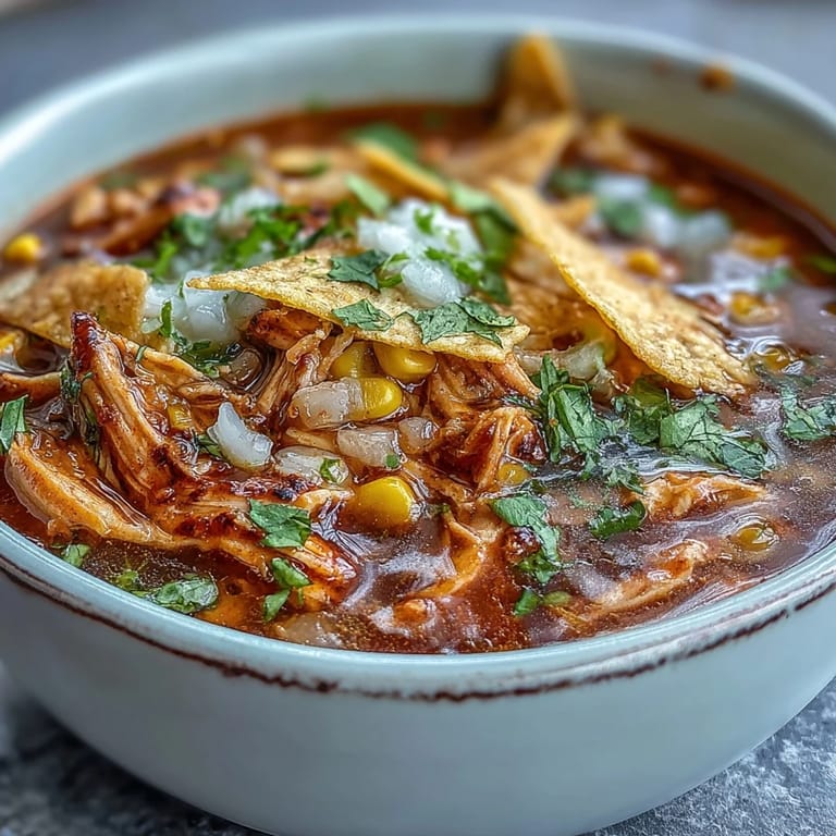 Colorful diced peppers and cilantro garnish a pot of Best Chicken Tortilla Soup ready for a family dinner.