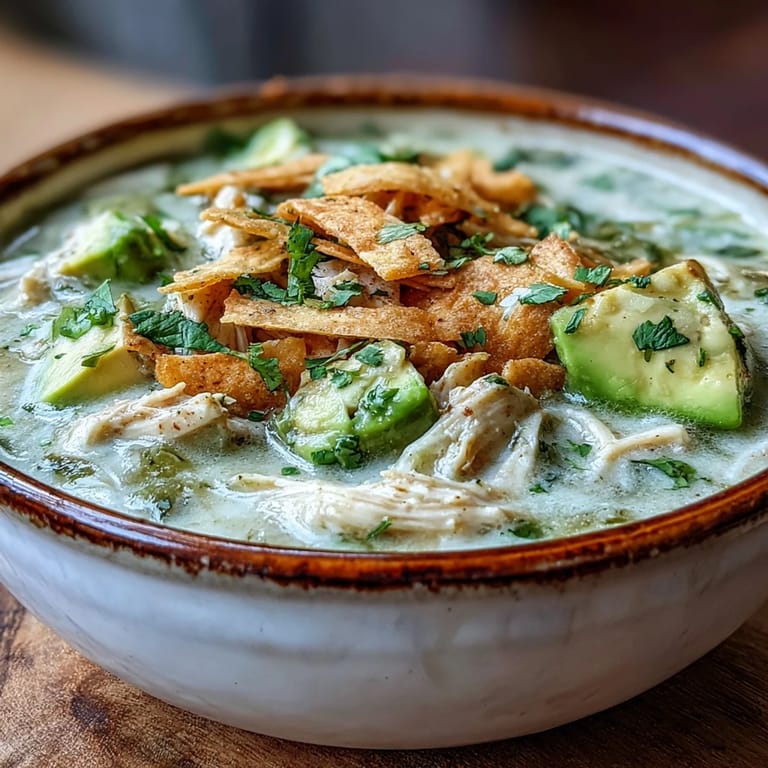 Steaming Creamy Chicken Tortilla Soup in a rustic bowl with creamy avocado and crunchy tortilla chips.
