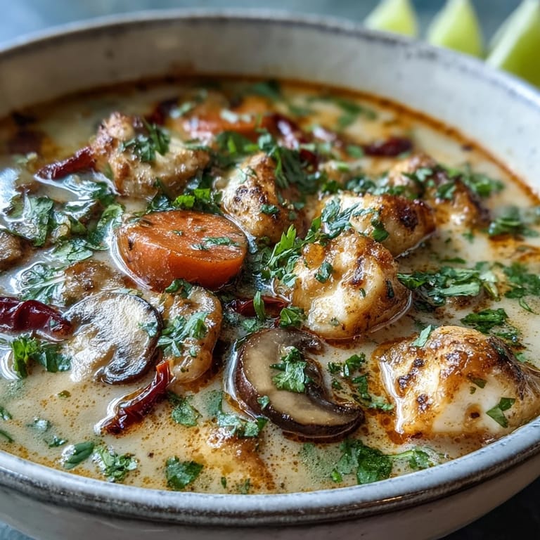 Spicy Thai Coconut Curry Soup served in a white bowl with jasmine rice, fresh herbs, and a lime wedge.