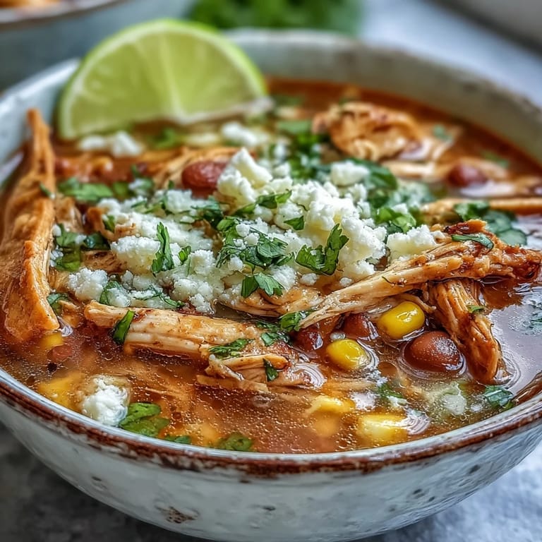 Chicken Tortilla Soup served in a rustic bowl with lime wedges, avocado slices, and colorful garnishes ready to eat.
