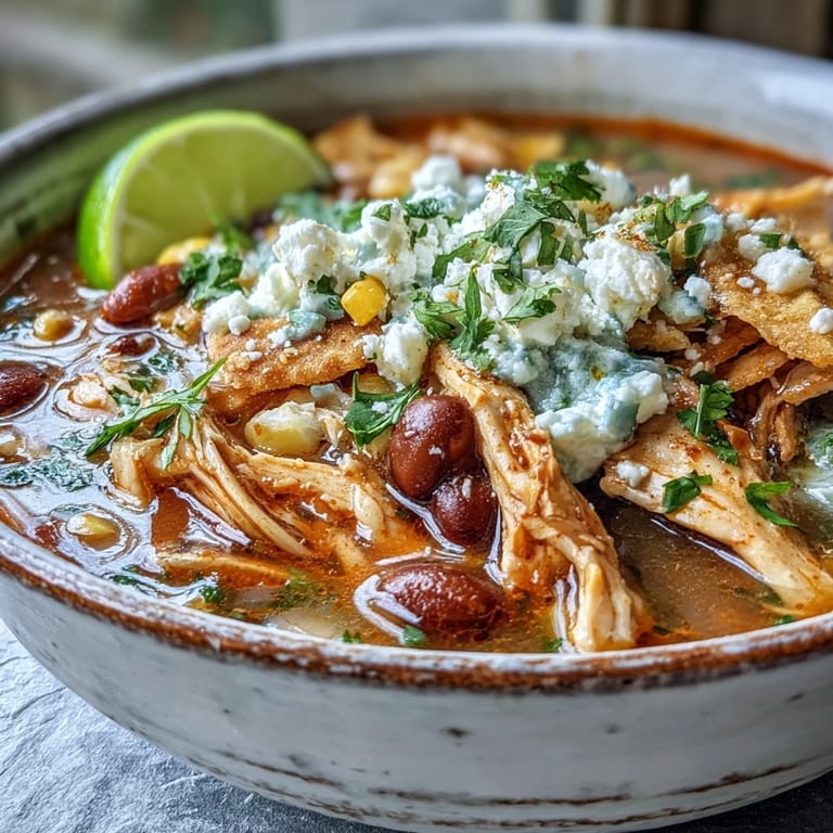Hearty Chicken Tortilla Soup featuring tender shredded chicken, pinto beans, and corn, garnished for a family dinner.