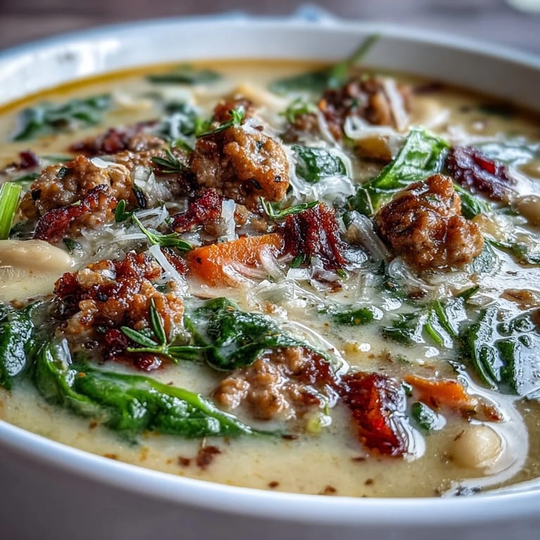 A close-up of Creamy Tuscan White Bean Soup With Sausage ladled from a Dutch oven.