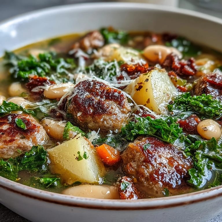Close-up of Tuscan White Bean Sausage Soup showing tender kale, creamy cannellini beans, and browned Italian sausage in a rich broth.