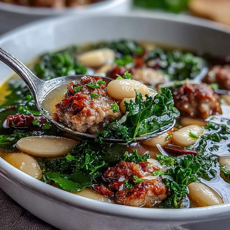 A hearty bowl of Italian White Bean Soup with Kale and Sausage featuring creamy beans, dark greens, and melted Parmesan.
