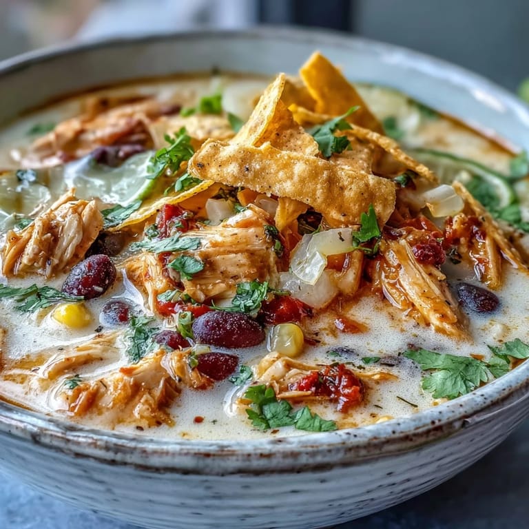 Hearty Easy Chicken Tortilla Soup with beans and corn in a rustic bowl.