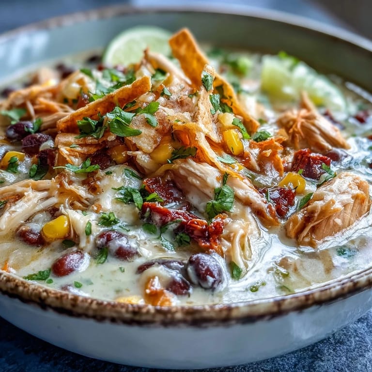 Easy Chicken Tortilla Soup garnished with cilantro, lime, and jalapeños.