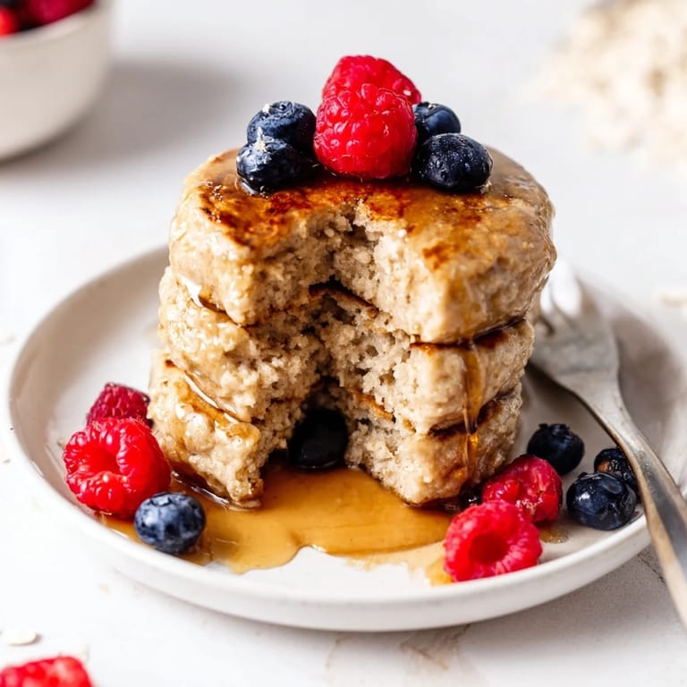 A close-up of cottage cheese pancakes cooking in a skillet, bubbling on the surface and ready to flip.