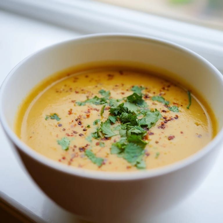 A warm bowl of homemade butternut squash and lentil soup with crusty bread, perfect for cozy autumn evenings.