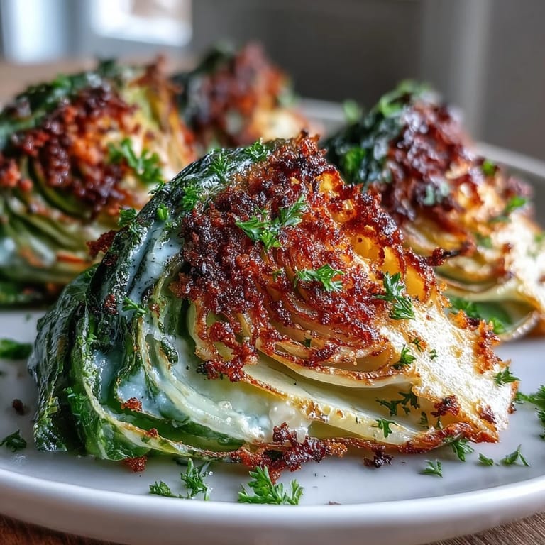 Tender Roasted Garlic Parmesan Cabbage Wedges with caramelized edges served warm alongside grilled chicken for dinner.