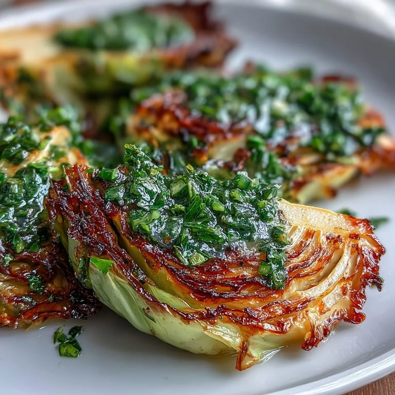 Cabbage Steaks With Jalapeño Chimichurri served as a hearty vegan main next to fluffy quinoa and lemon wedges.