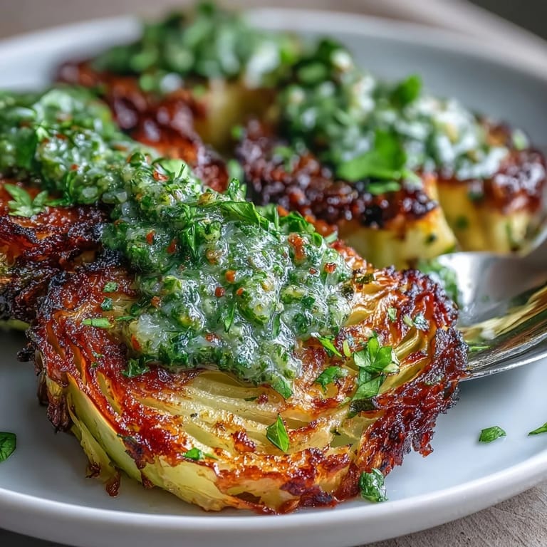 Sizzling Cabbage Steaks With Jalapeño Chimichurri feature charred edges and a bold, spicy sauce on a rustic wooden table.