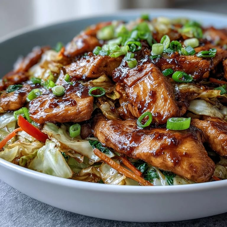 A colorful bowl of Chicken Cabbage Stir-Fry garnished with green onions, ready to be served over steamed rice.