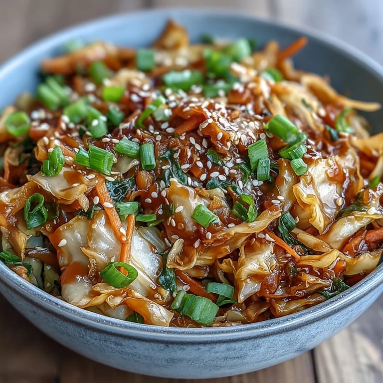 Stir-fried hot and sour cabbage served in a shallow bowl, garnished with scallions and sesame seeds for a bold, Chinese-inspired vegan side dish.