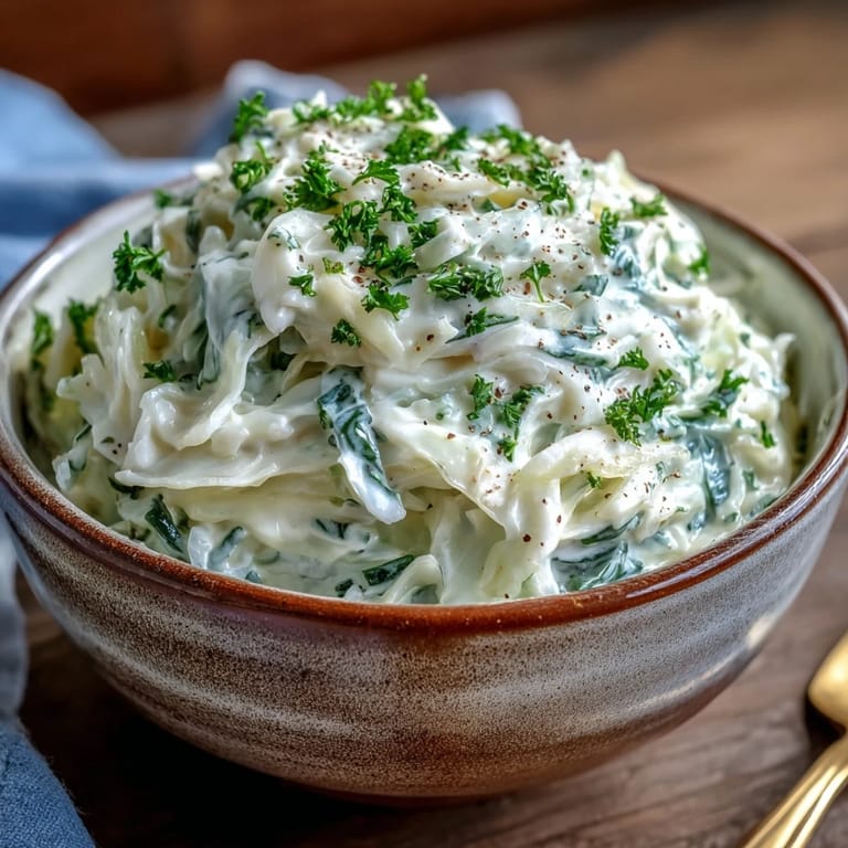 Silky Creamed Cabbage served steaming and rich beside crusty bread, a hearty gluten-free side for family meals.