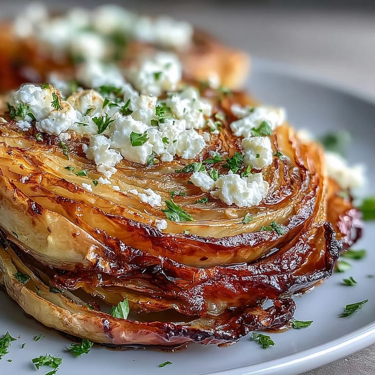 Roasted cabbage steaks with feta and balsamic glaze, a vibrant Mediterranean-inspired side dish.
