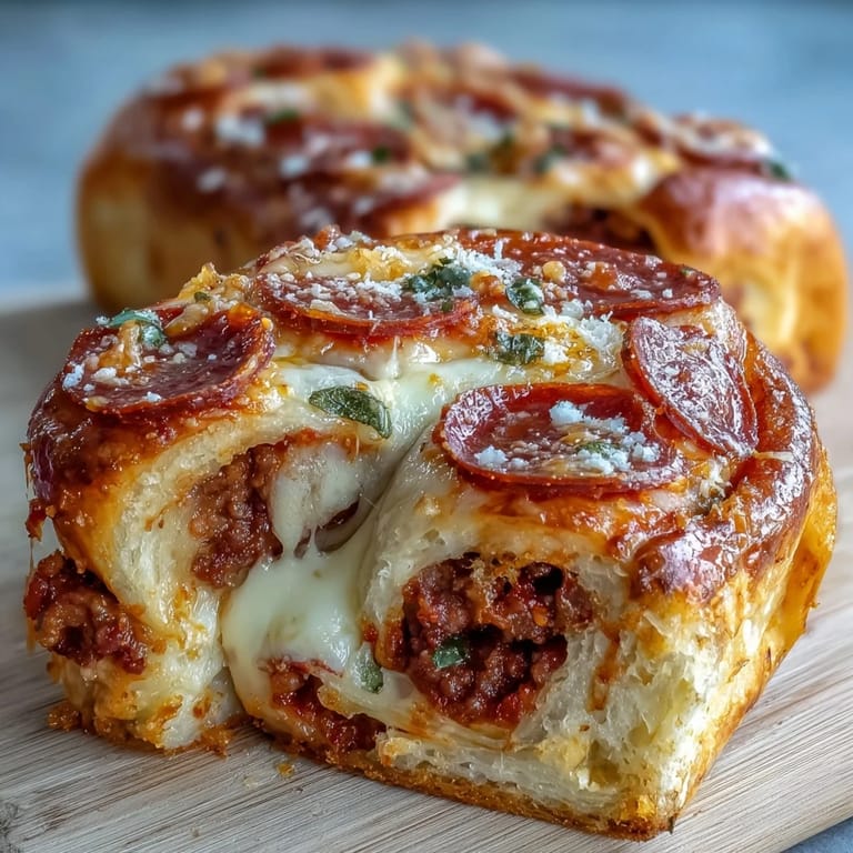 Sliced Irresistible High Protein Pepperoni Pizza Rolls revealing melted mozzarella, pepperoni, and lean beef filling inside.