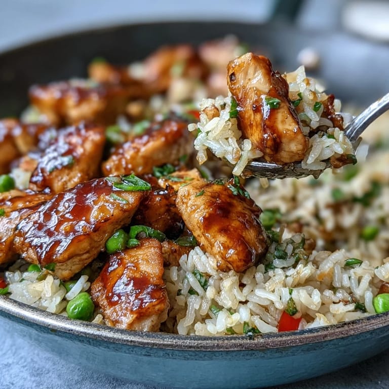 A close-up of tender glazed chicken, steamy rice, and bright bell peppers in One-Pan Bold Honey BBQ Chicken Rice, perfect for easy family dinners.