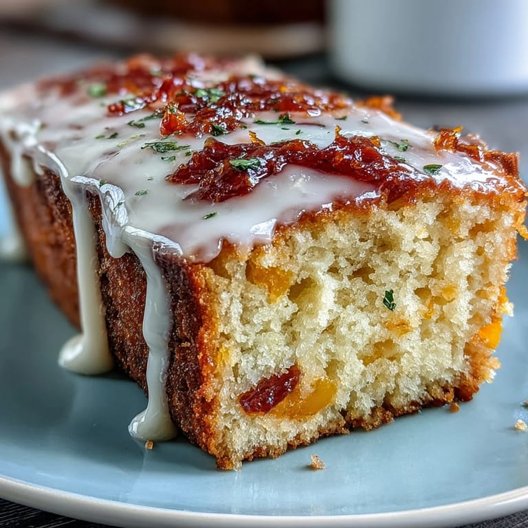 Overhead view of Heavenly Blood Orange Yogurt Cake, iced and sliced, served on a white plate near fresh berries.