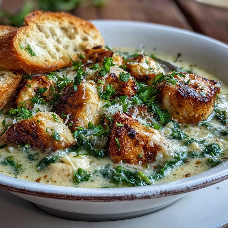 Garlic Parmesan Chicken Soup served with crusty bread, a sprinkle of fresh parsley, and extra Parmesan.
