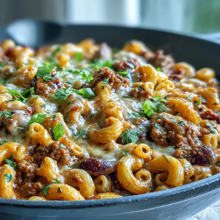 Spoon lifting gooey cheese from One-Pan High Protein Chili Mac, a hearty beef and macaroni meal perfect for busy American families.
