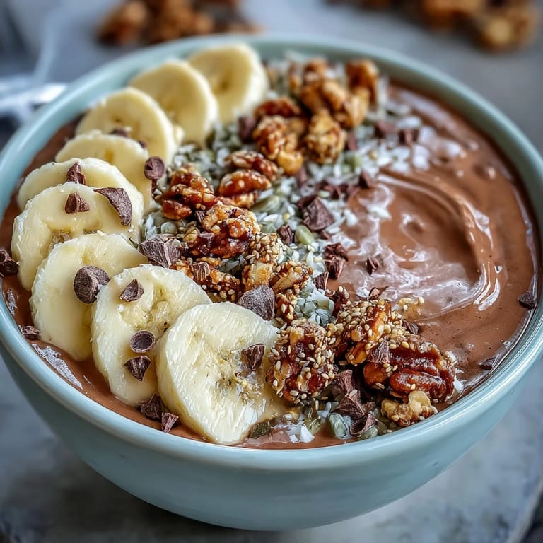 Thick and creamy chocolate Chunky Monkey Smoothie Bowls, garnished with cacao nibs and mini chocolate chips for an indulgent treat.