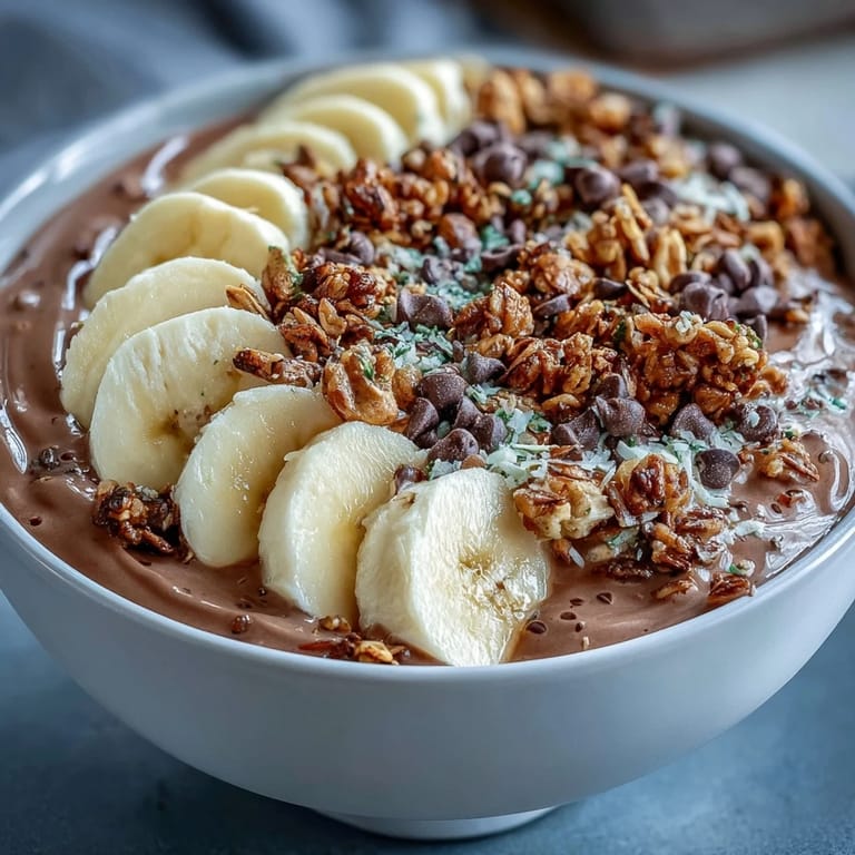 Two vibrant Chunky Monkey Smoothie Bowls with peanut butter base, topped with sliced bananas and maple cinnamon granola for breakfast.