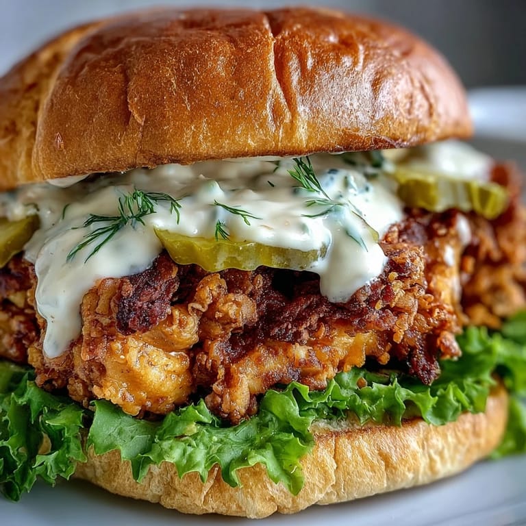 The handheld Spicy Chicken Sandwich with Creamy Homemade Sauce rests on a plate with french fries, ready for a delicious meal.