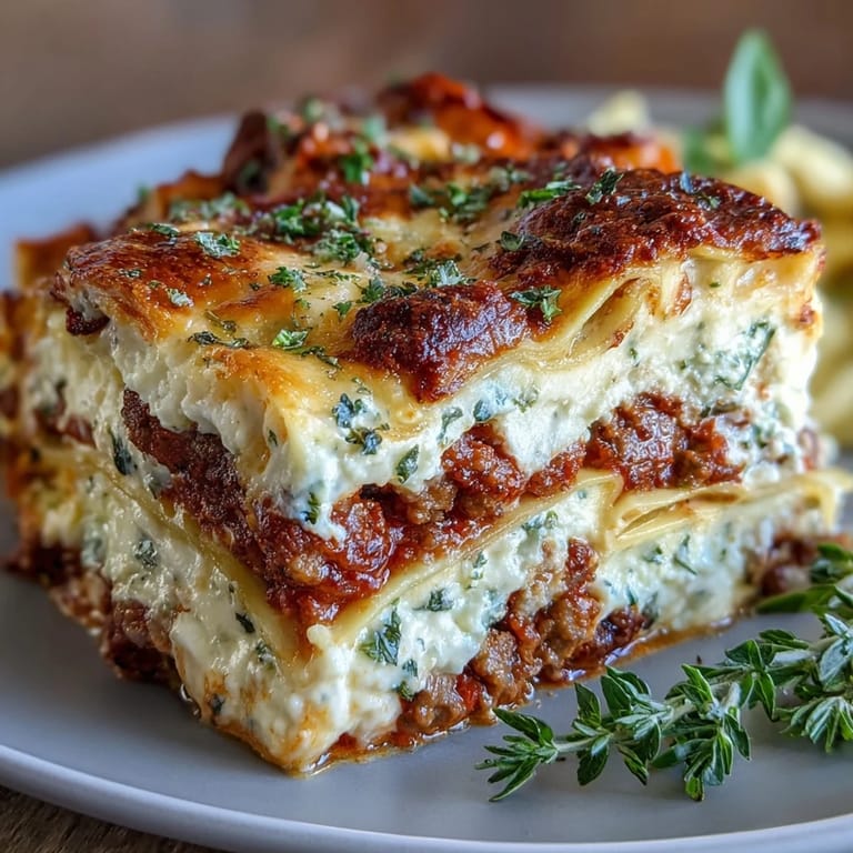 Comforting World's Best Lasagna baked in a dish, topped with fresh basil and a side of garlic bread.