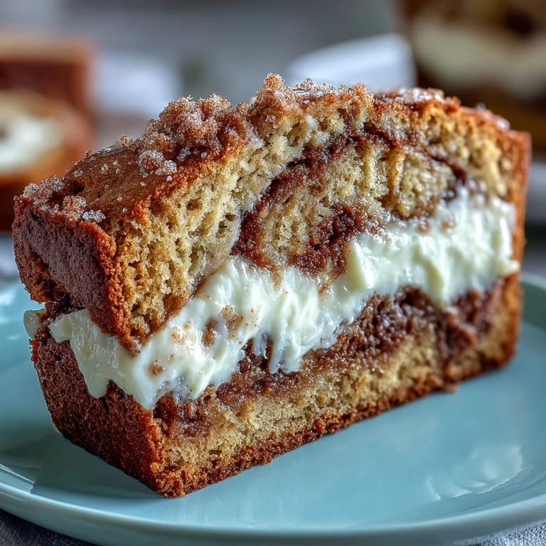 A warm slice of Cream Cheese Cinnamon Swirl Banana Bread sits on a plate next to a cup of black coffee for breakfast.