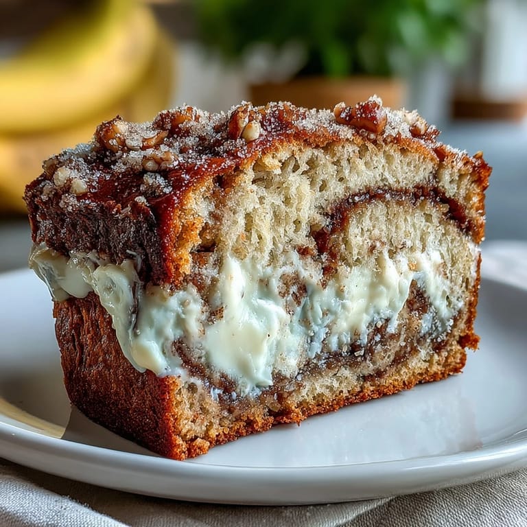 Perfectly sliced Cream Cheese Cinnamon Swirl Banana Bread showcasing sugary cinnamon topping and rich cream cheese layers on a rustic kitchen counter.