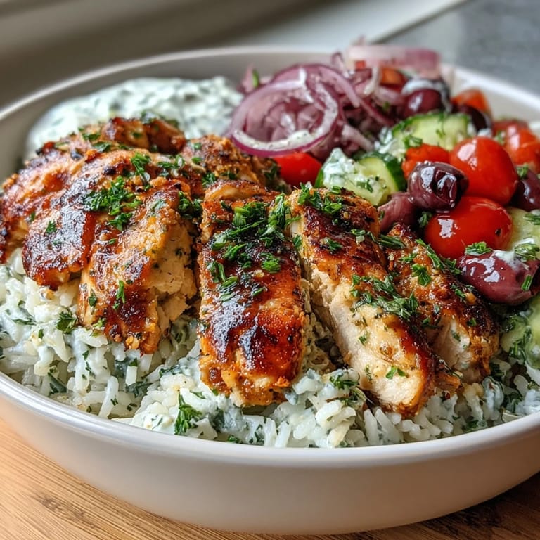 Classic Greek Chicken Bowl served with herbed rice, crisp tomato-cucumber salad, and a generous drizzle of cool tzatziki sauce for a Mediterranean meal.