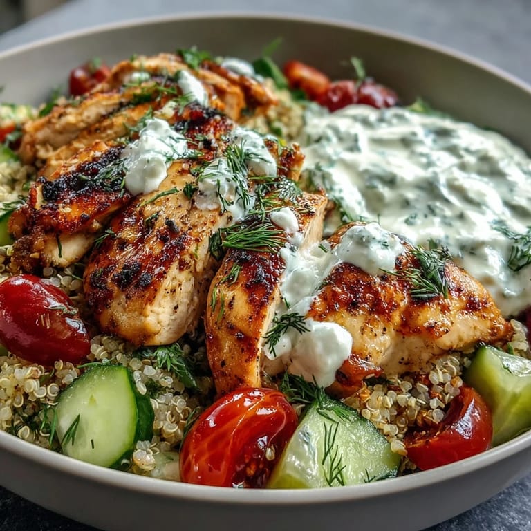 A Greek Chicken Power Bowl with fluffy quinoa, juicy chicken, crisp veggies, and a dollop of cool tzatziki.