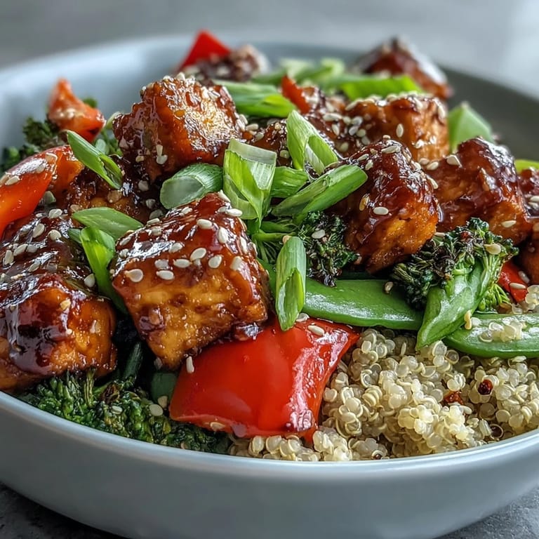 Served in a ceramic bowl, this vegan Quinoa Vegetable Teriyaki Bowl is garnished with green onions and sesame seeds for a flavorful finish.