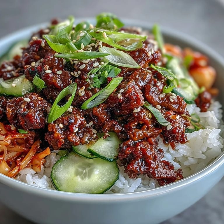 Overhead view of a vibrant Korean Beef Bowl, showcasing seasoned ground beef, tangy kimchi, crisp cucumber, and pickled vegetables arranged neatly over steaming white rice.