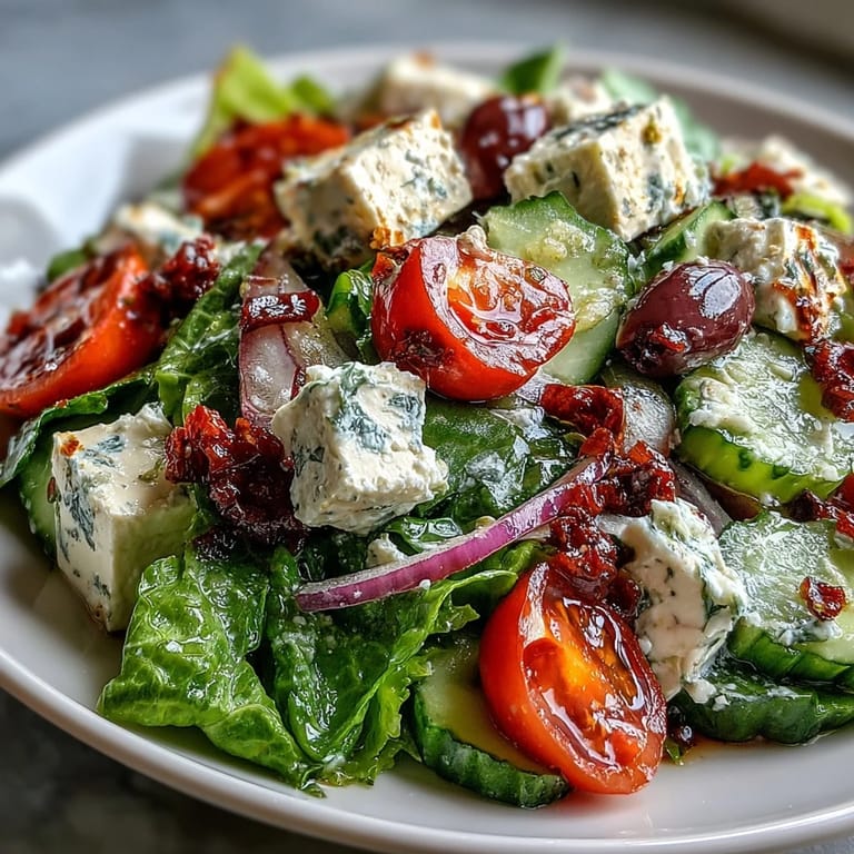 Colorful Greek Salad Bowl topped with crumbled feta and briny olives, served alongside warm pita bread for dipping.