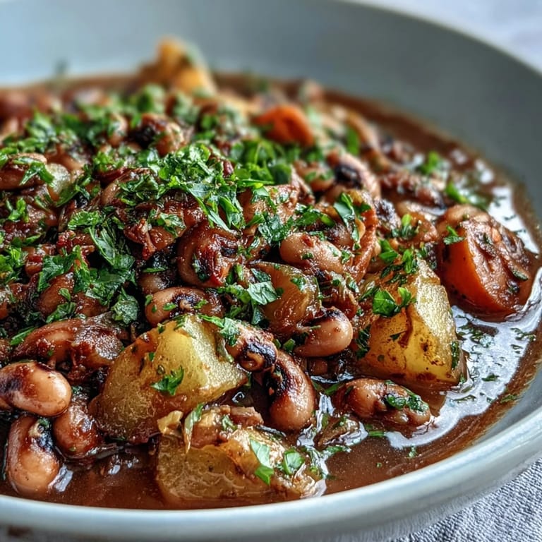 A rustic Dutch oven brimming with simmering Black-Eyed Pea Stew, featuring sweet onions and a medley of garden-fresh vegetables.