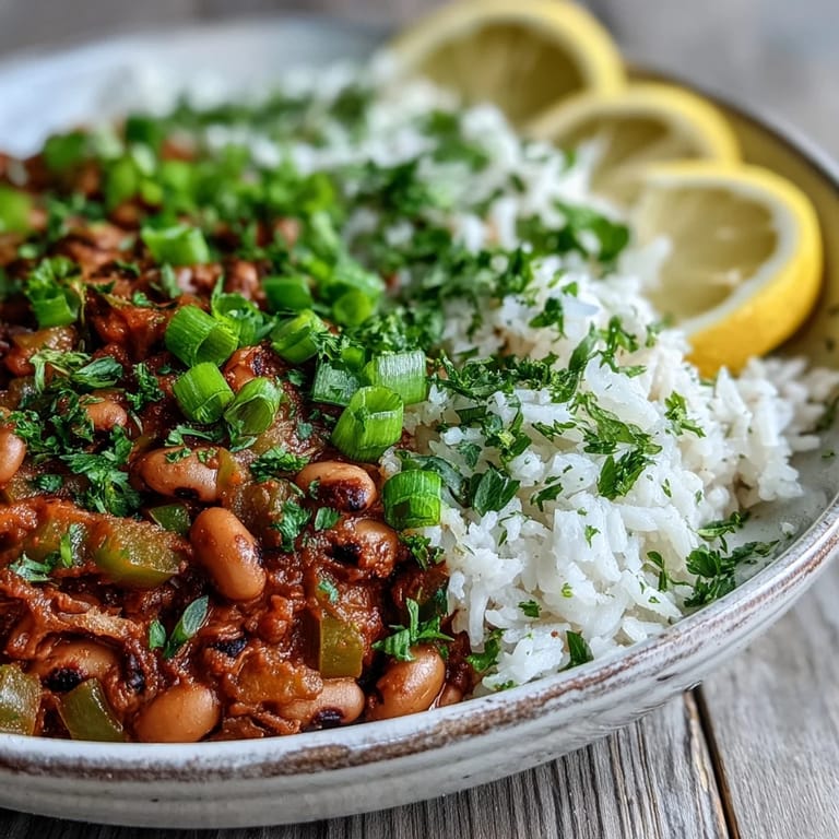 Steaming pot of smoky Vegetarian Hoppin John featuring black-eyed peas, bell peppers, and savory spices.