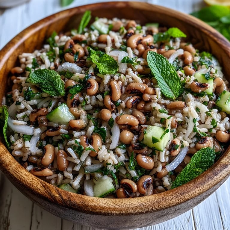 Hearty Southern Black Eyed Pea Salad with nutty brown rice, crunchy vegetables, and a bright lemon-mint vinaigrette, perfect for easy vegetarian meal prep.