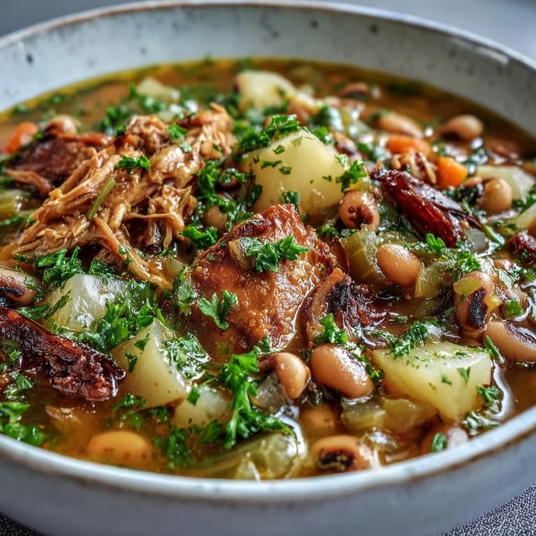 A hearty ladle of Black-Eyed Pea Stew with Smoked Ham Hocks topped with fresh parsley and hot sauce.